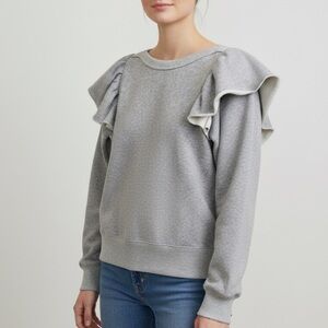 NWOT TUCKERNUCK Ruffle Shoulder Sweatshirt Heather Gray Chic Pullover Size Small